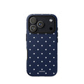 Navy blue iPhone case with evenly spaced cool-white mini polka dots