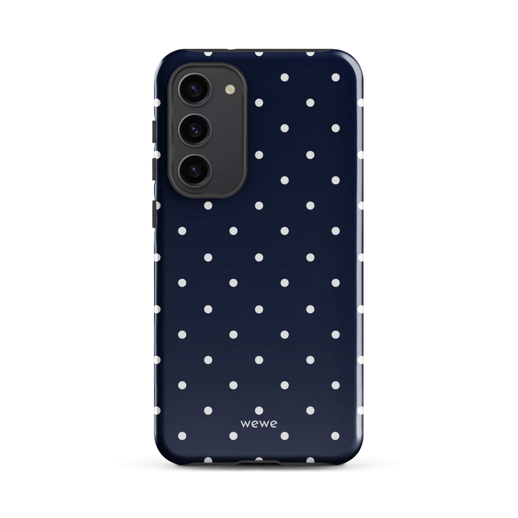 Navy blue iPhone case with evenly spaced cool-white mini polka dots