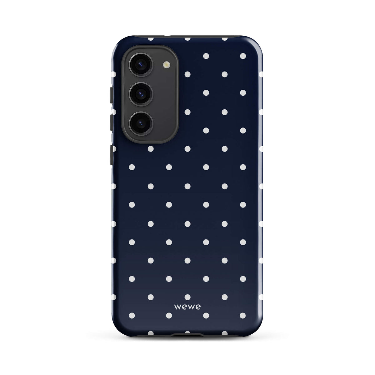 Navy blue iPhone case with evenly spaced cool-white mini polka dots
