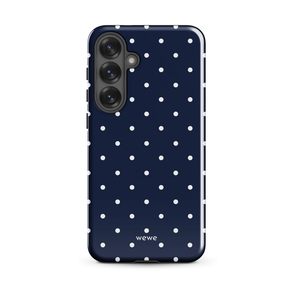Navy blue iPhone case with evenly spaced cool-white mini polka dots