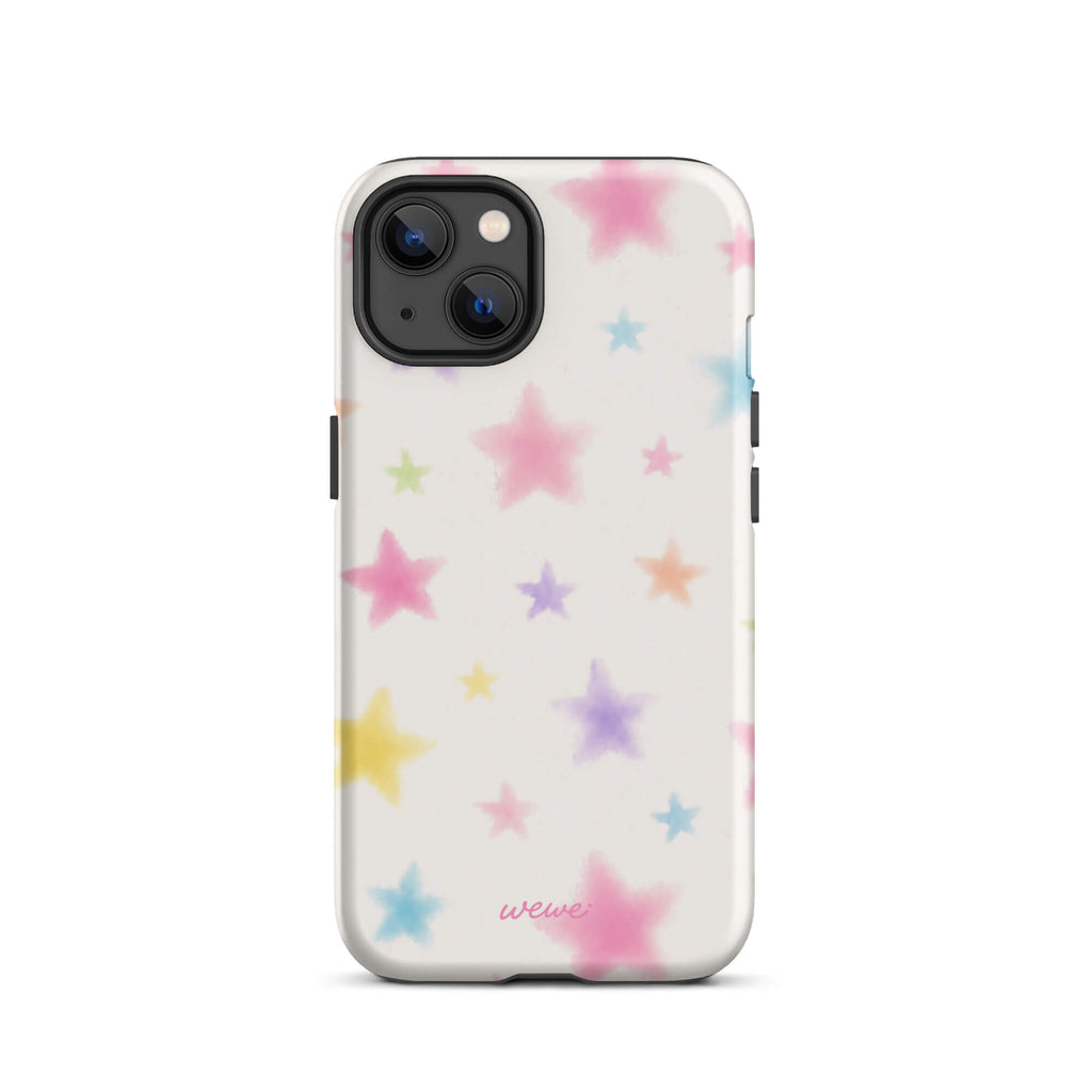 Warm ivory phone case with soft-focus pastel watercolor stars in pink, blue, lavender, yellow and mint