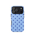 Light periwinkle-blue iPhone case with evenly spaced cobalt-blue polka dots