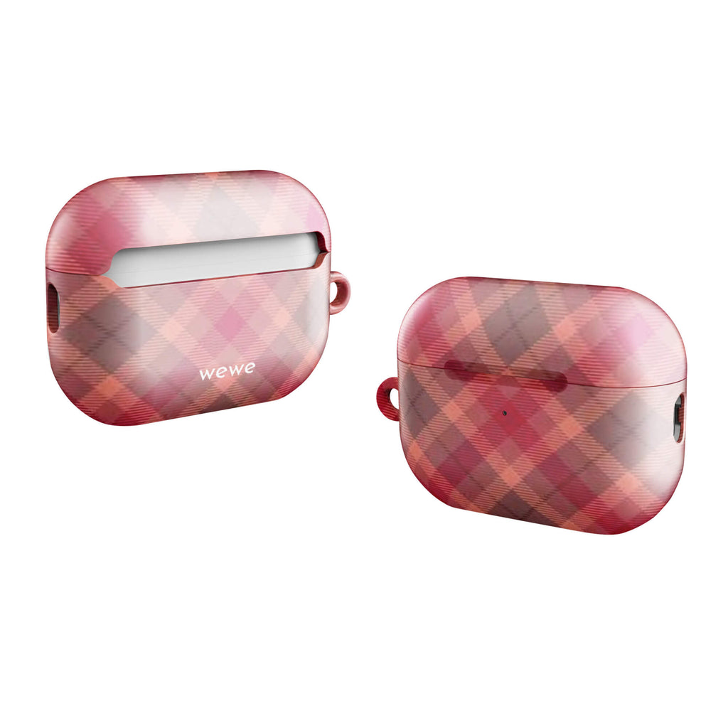 Custom airpods case pro gen2 with a soft, faded checkered pattern of pink, mauve, and gray diagonal lines, resembling a classic tartan plaid.
