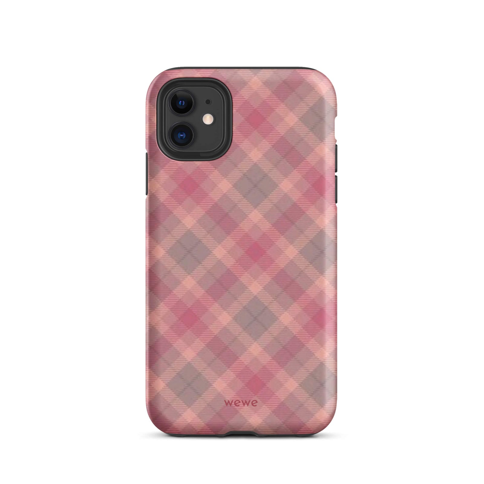 Custom iPhone case 11 pro with a soft, faded checkered pattern of pink, mauve, and gray diagonal lines, resembling a classic tartan plaid.