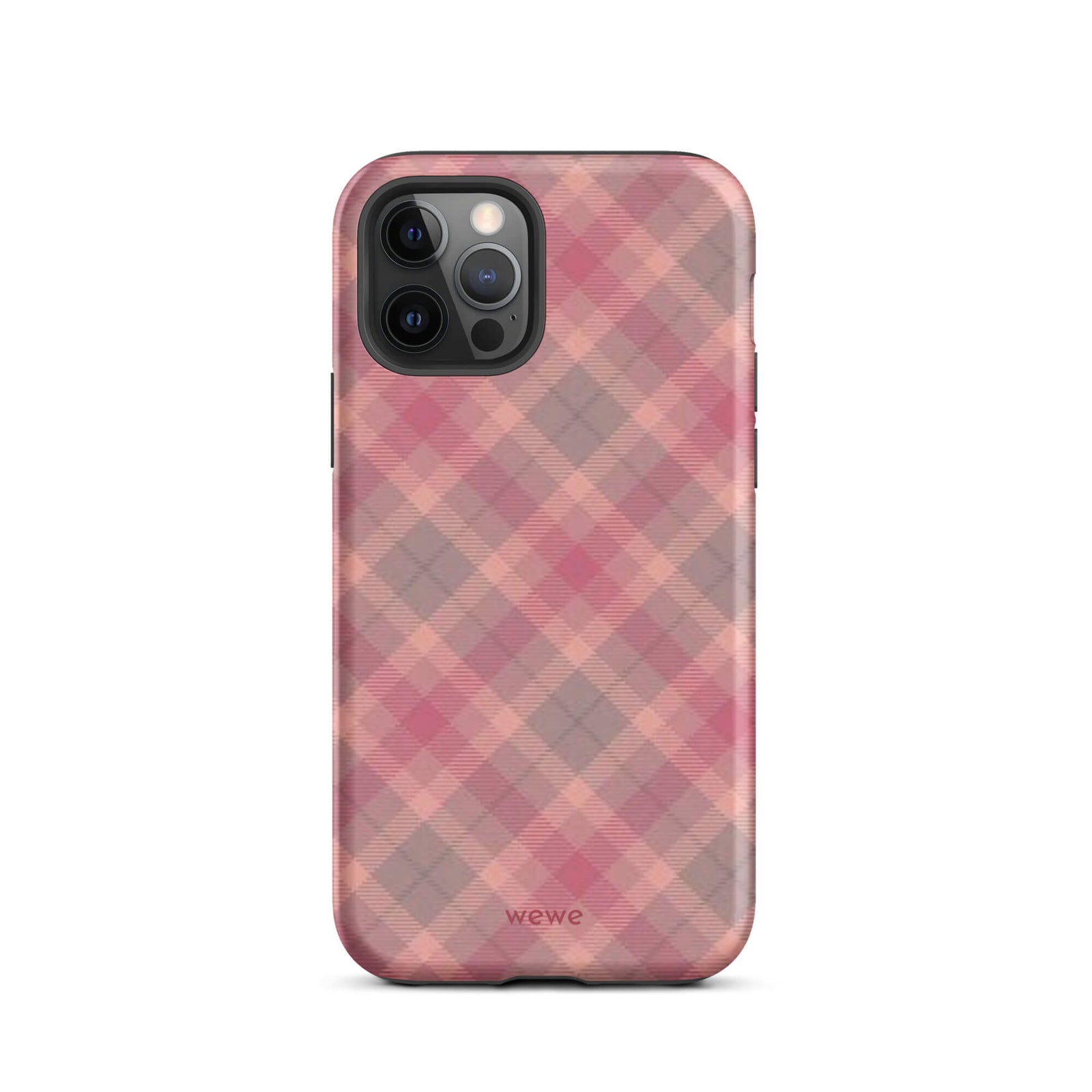 Custom iPhone case 12 pro with a soft, faded checkered pattern of pink, mauve, and gray diagonal lines, resembling a classic tartan plaid.