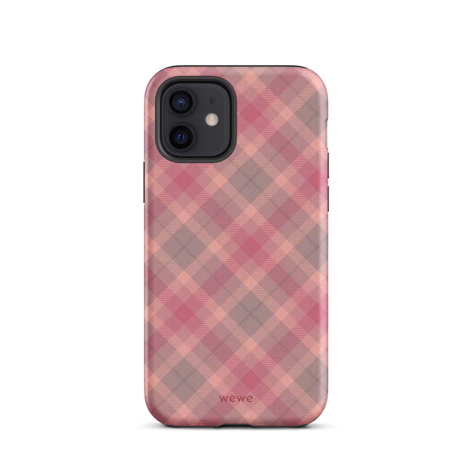 Custom iPhone case 12 with a soft, faded checkered pattern of pink, mauve, and gray diagonal lines, resembling a classic tartan plaid.