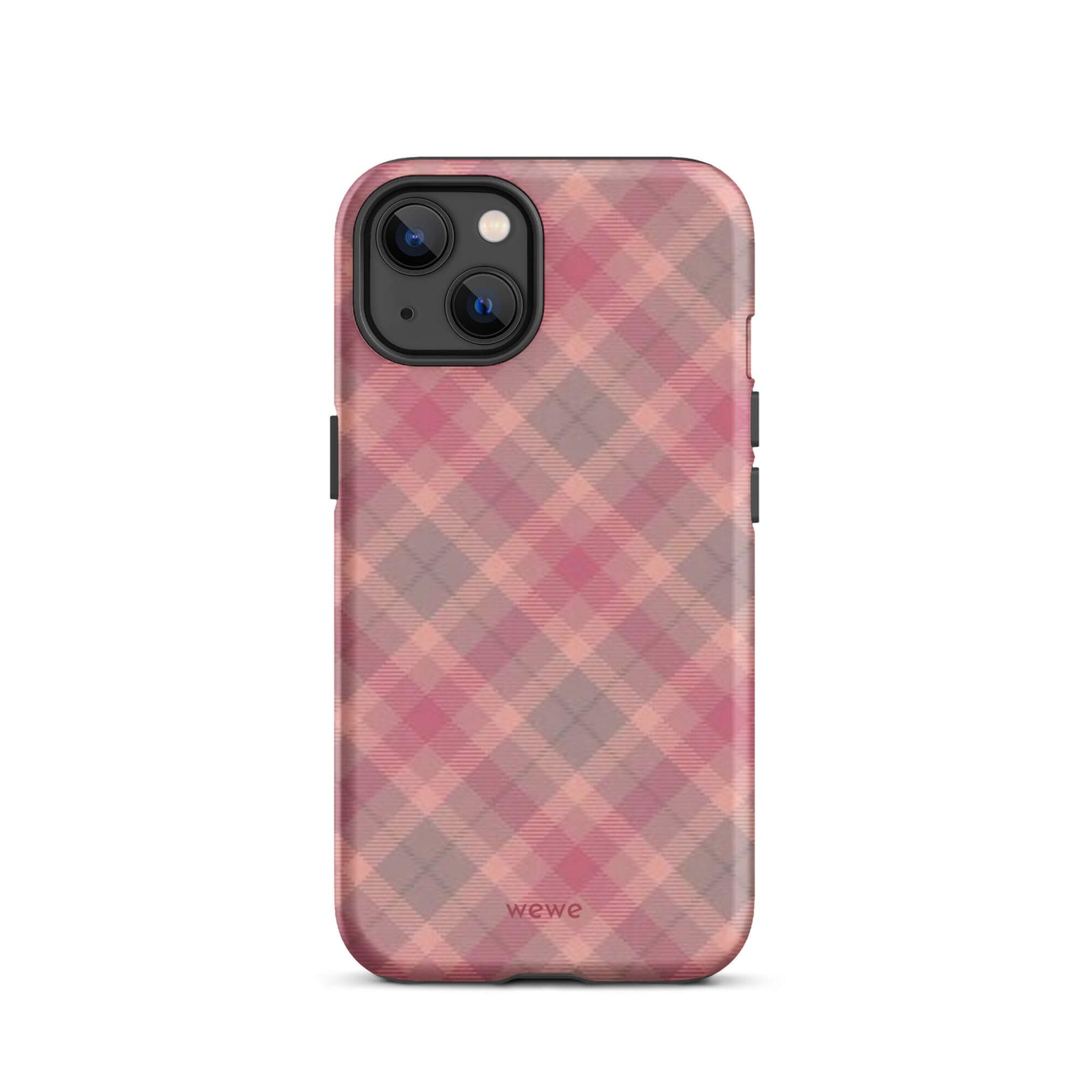Custom iPhone case 13 with a soft, faded checkered pattern of pink, mauve, and gray diagonal lines, resembling a classic tartan plaid.