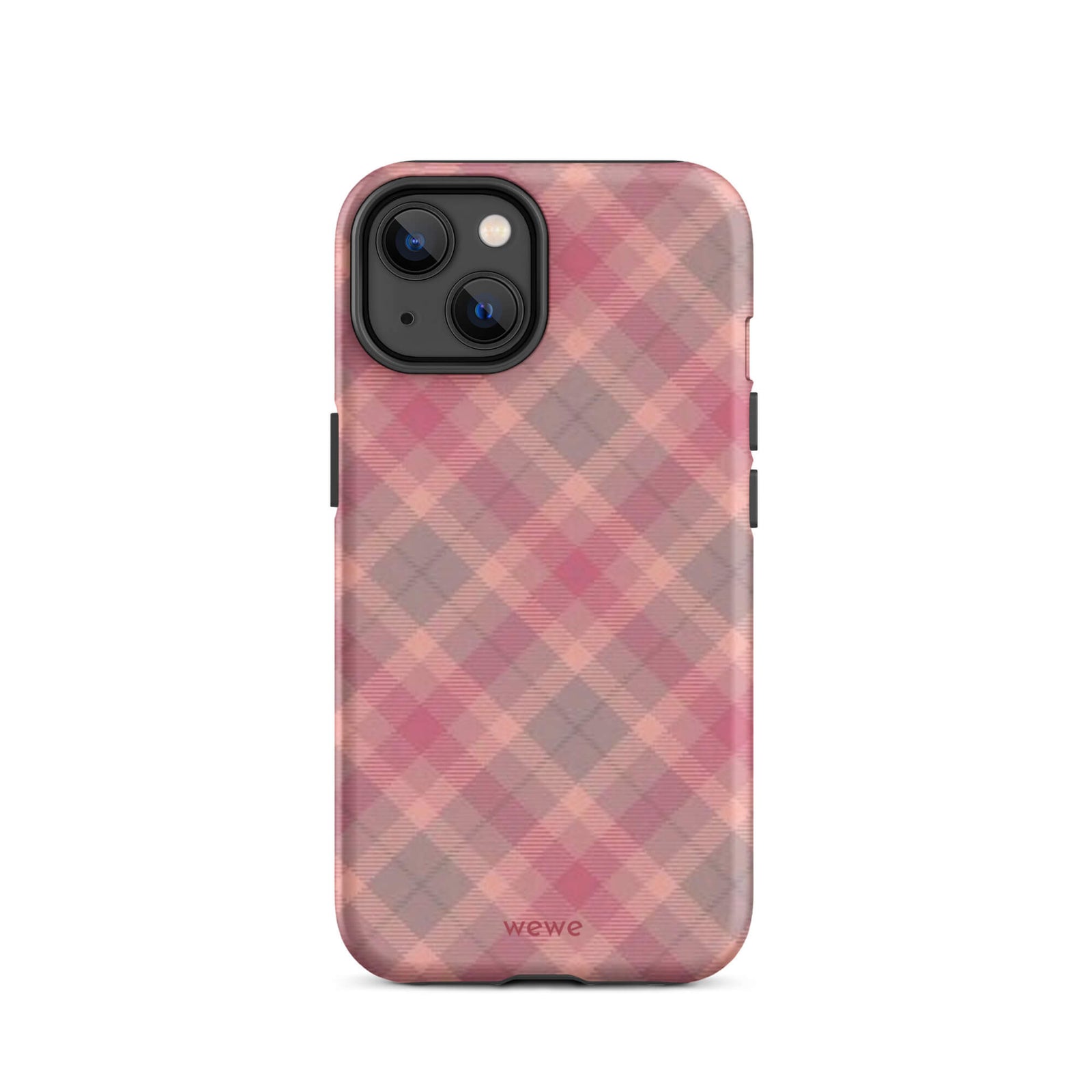 Custom iPhone case 14 with a soft, faded checkered pattern of pink, mauve, and gray diagonal lines, resembling a classic tartan plaid.
