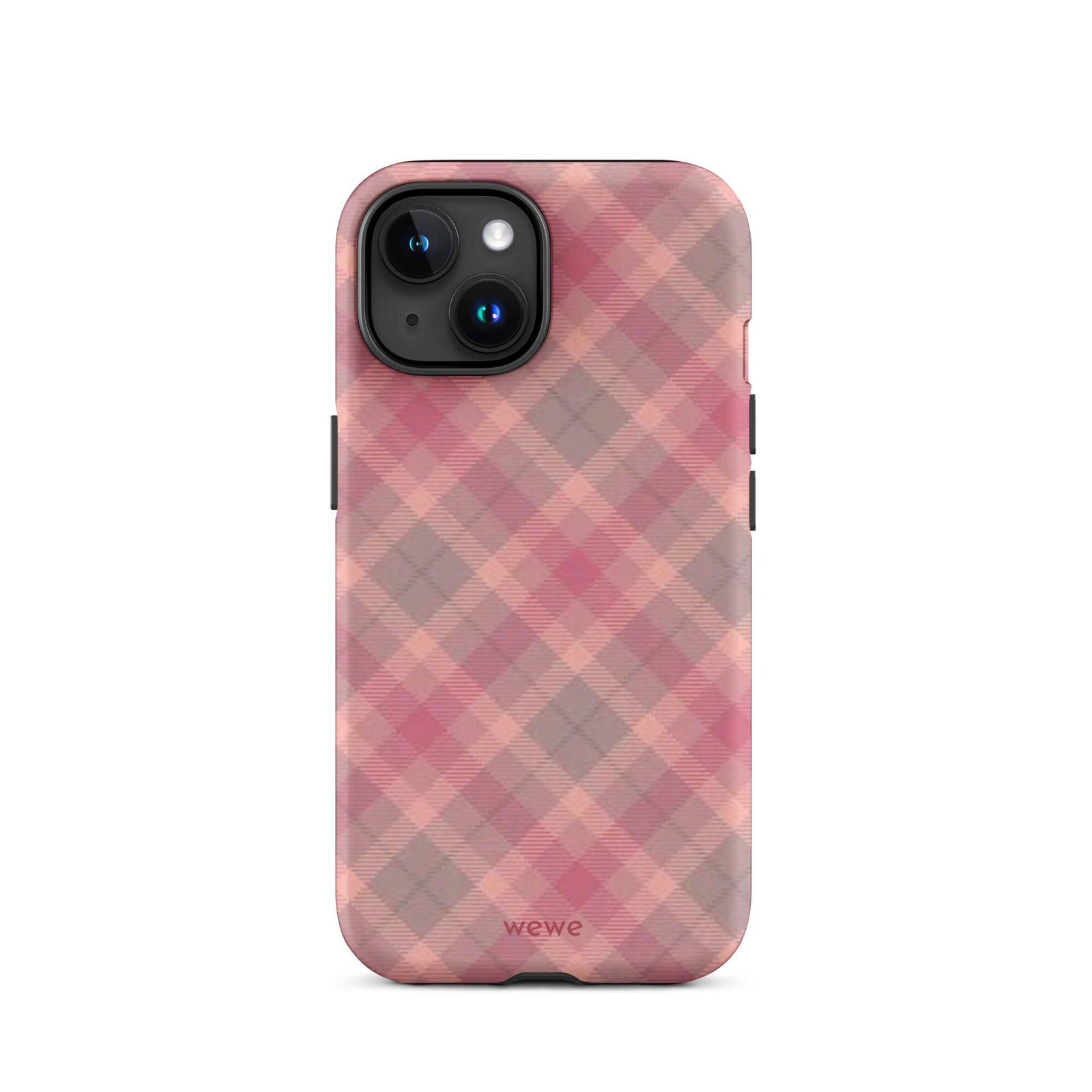 Custom iPhone case 15 with a soft, faded checkered pattern of pink, mauve, and gray diagonal lines, resembling a classic tartan plaid.