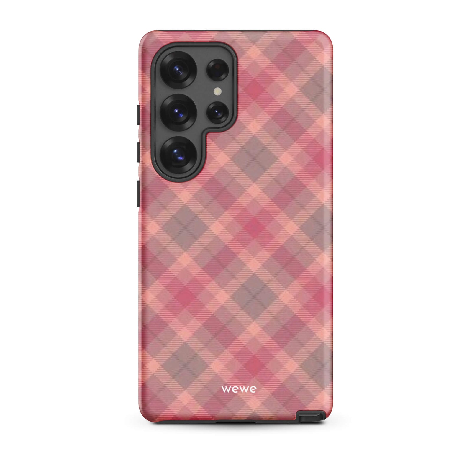 Custom samsung galaxy s25 ultra with a soft, faded checkered pattern of pink, mauve, and gray diagonal lines, resembling a classic tartan plaid.