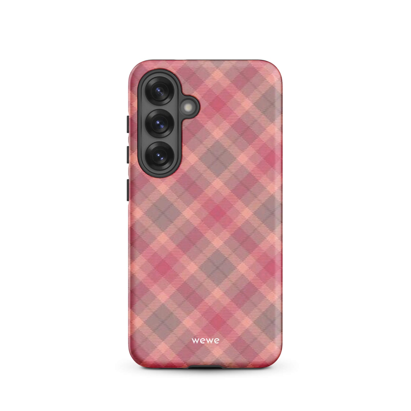 Custom samsung galaxy s25 with a soft, faded checkered pattern of pink, mauve, and gray diagonal lines, resembling a classic tartan plaid.