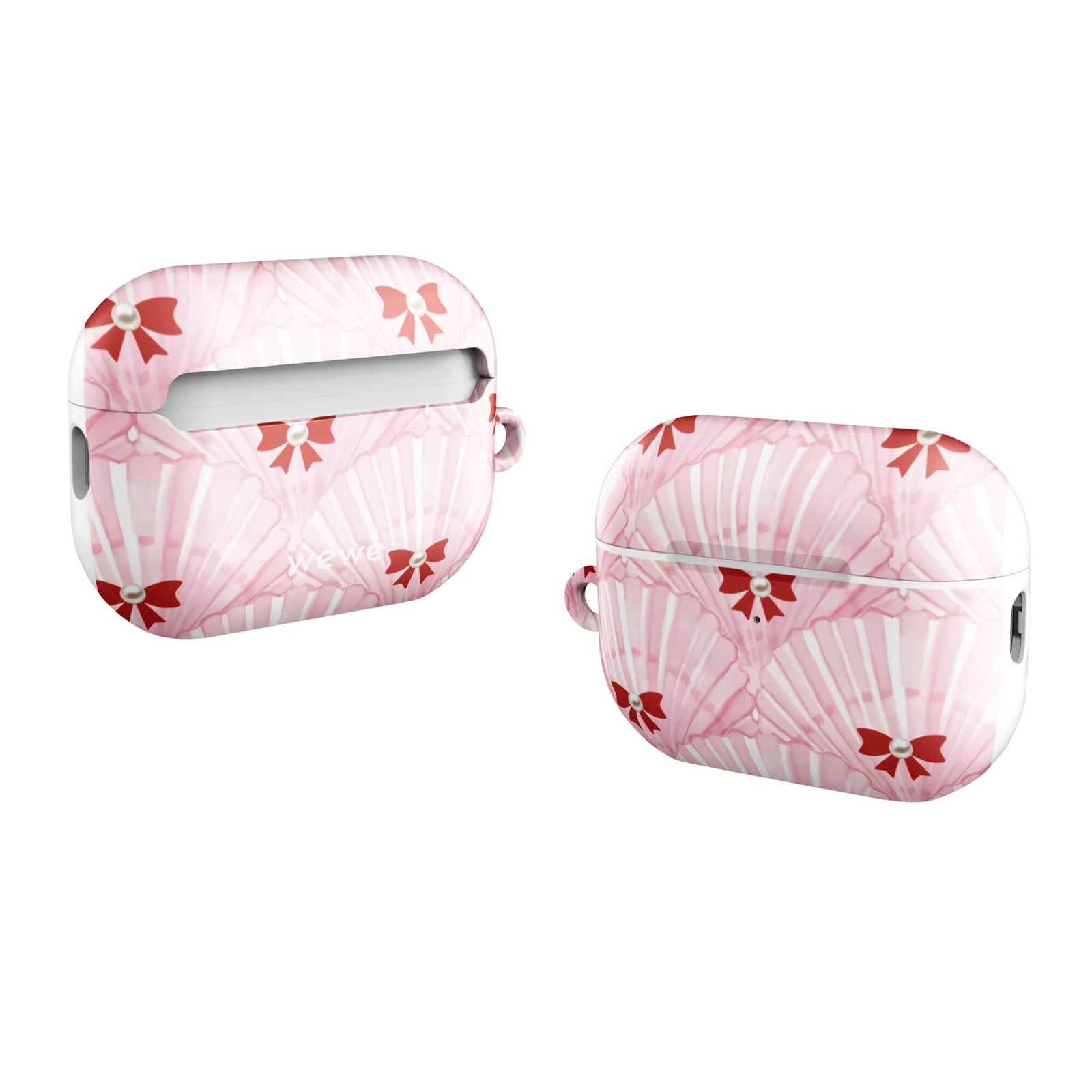 Custom AirPods case pro gen2 with a cute and whimsical pattern of watercolor pink and white seashells with red bows and pearls.
