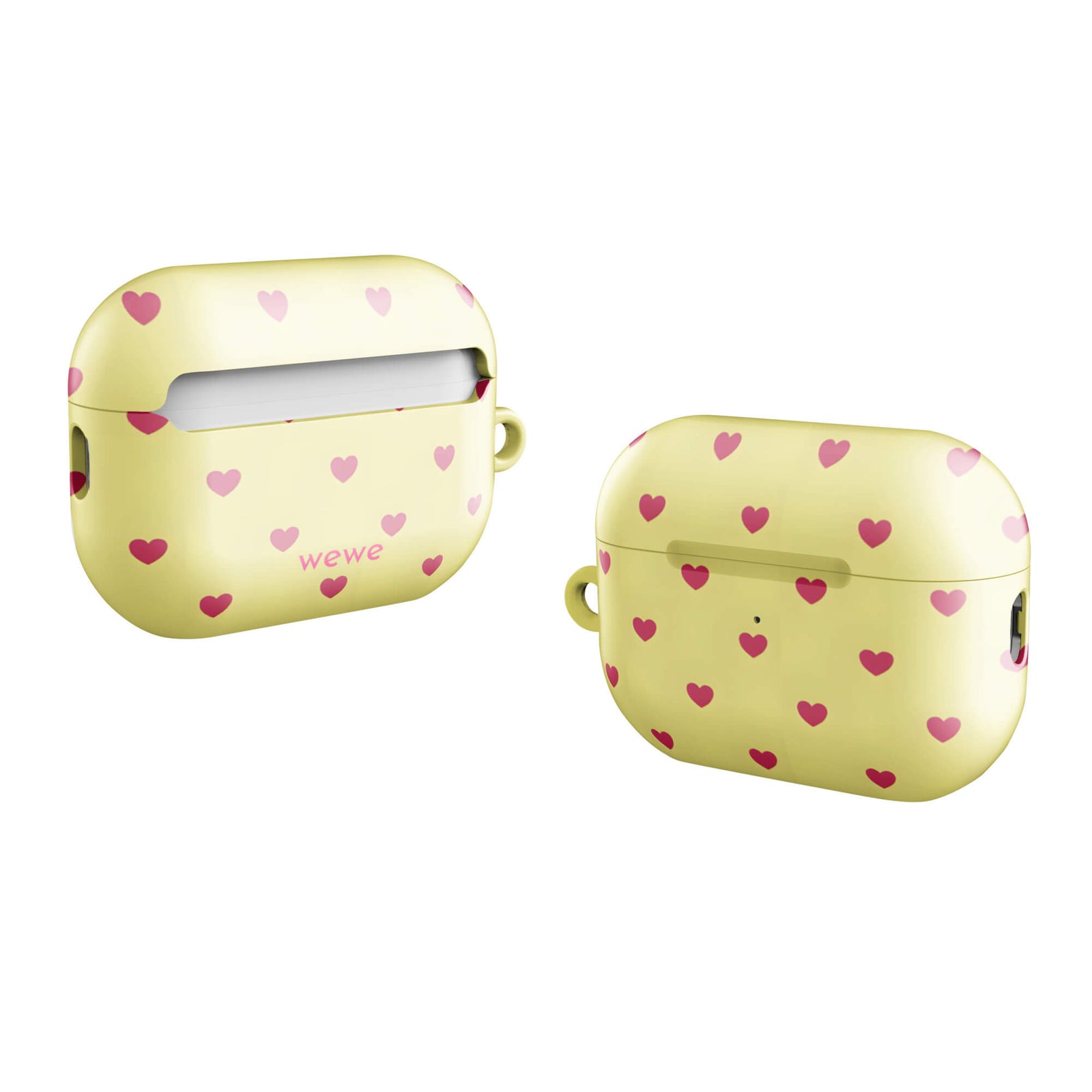Custom AirPods case pro gen2 with a light yellow background and a scattered pink heart pattern.