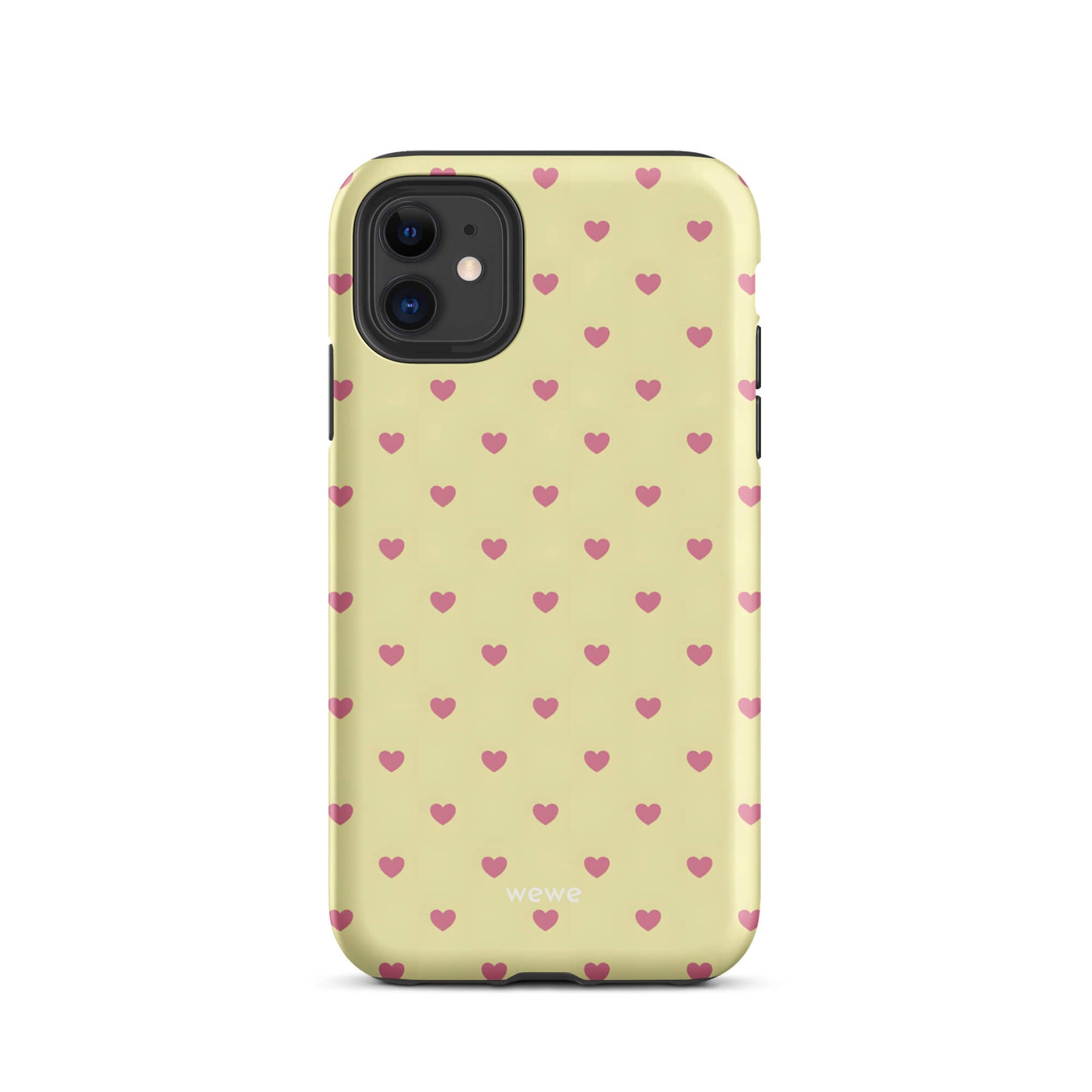 Custom iPhone case 11 with a light yellow background and a scattered pink heart pattern.