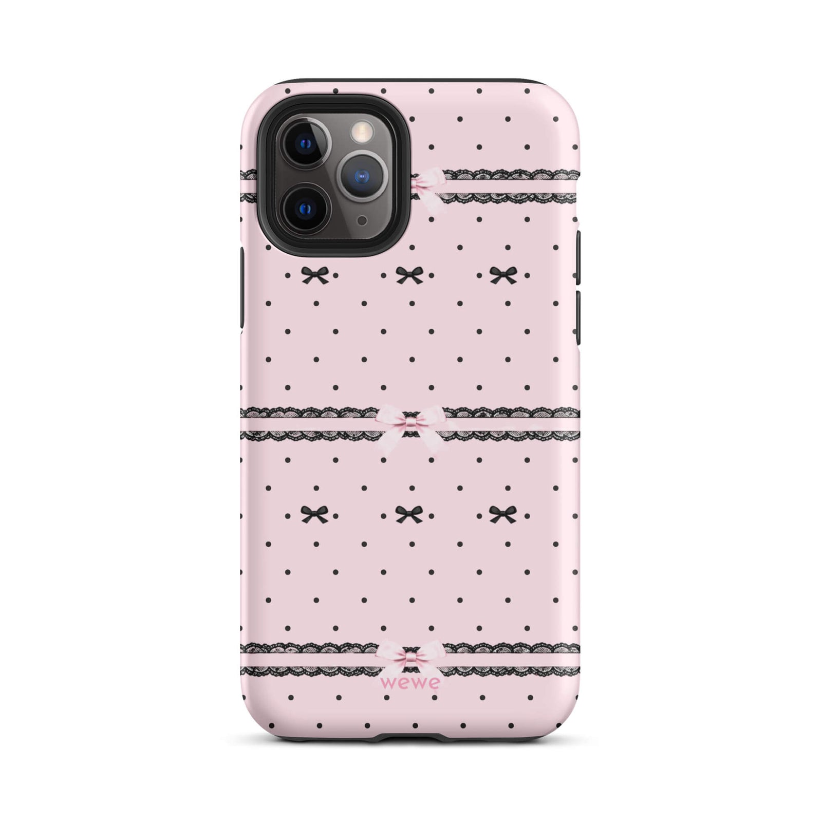 Pink Lace Bow Phone Case featuring black polka dots, scalloped lace bands and pale pink ribbon bows on a soft blush background