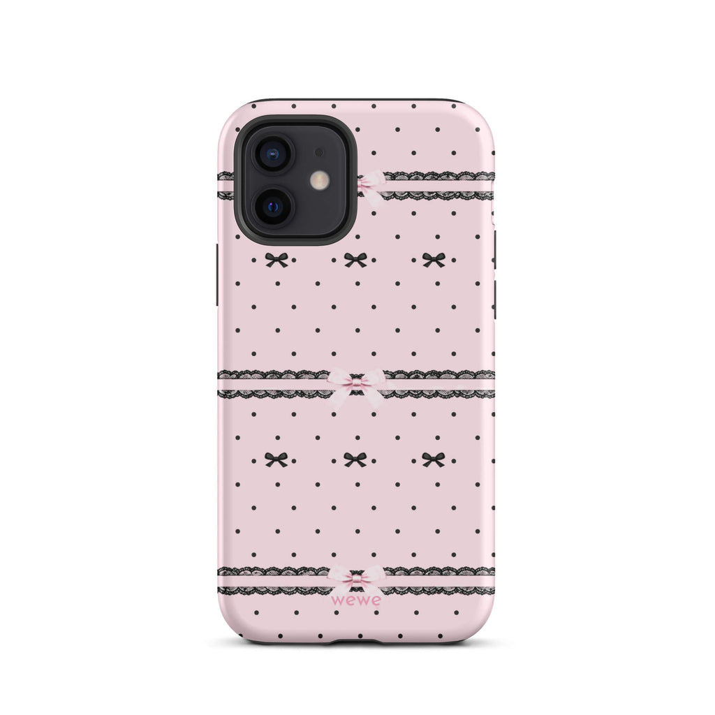 Pink Lace Bow Phone Case featuring black polka dots, scalloped lace bands and pale pink ribbon bows on a soft blush background