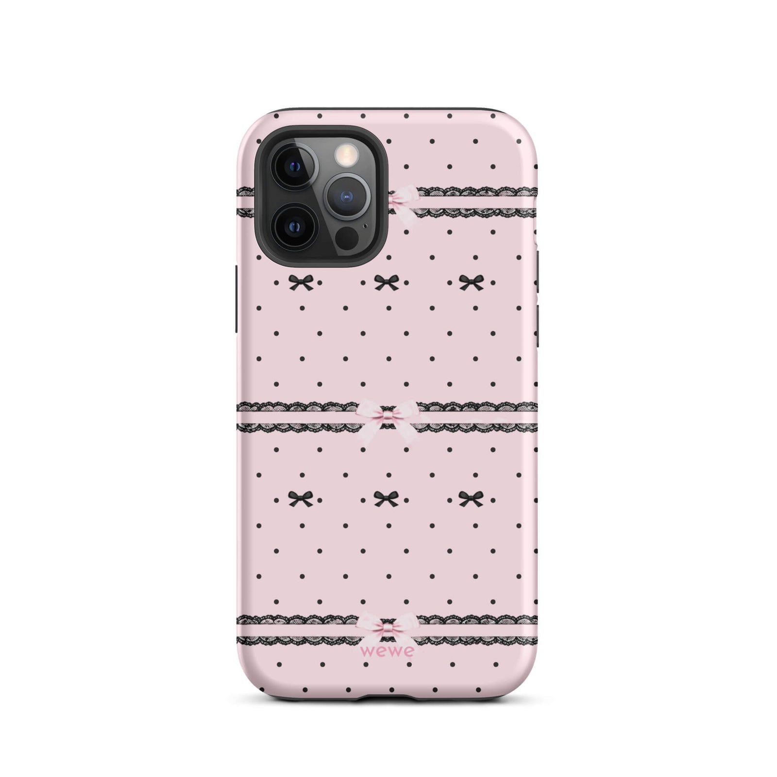 Pink Lace Bow Phone Case featuring black polka dots, scalloped lace bands and pale pink ribbon bows on a soft blush background