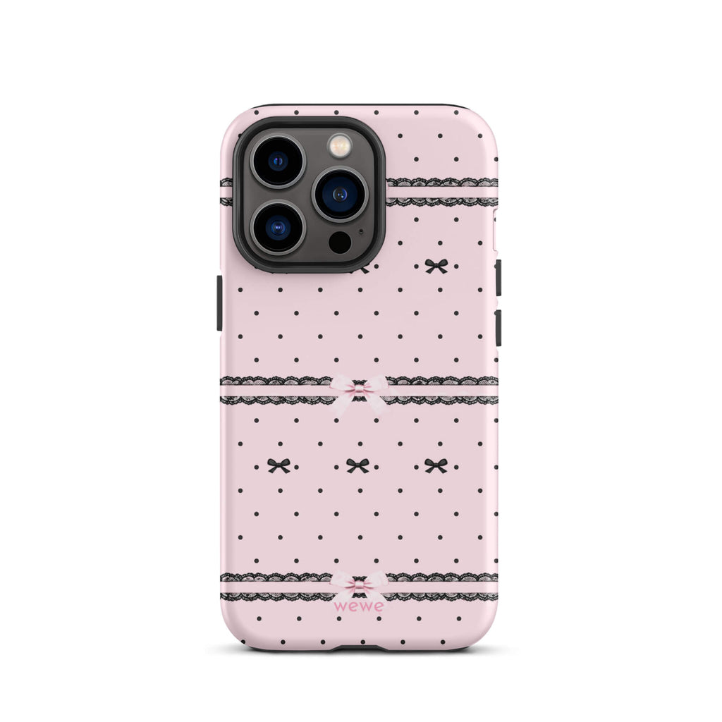 Pink Lace Bow Phone Case featuring black polka dots, scalloped lace bands and pale pink ribbon bows on a soft blush background