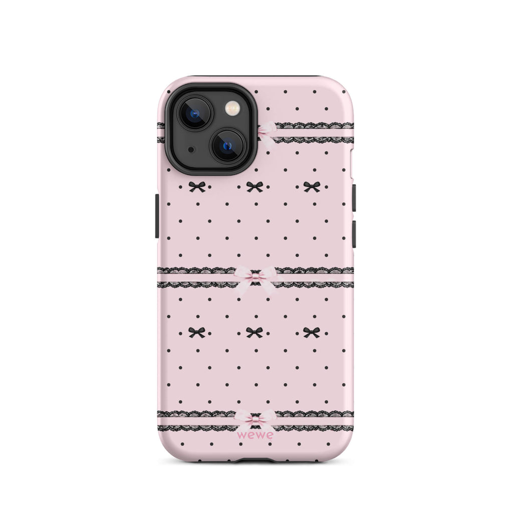 Pink Lace Bow Phone Case featuring black polka dots, scalloped lace bands and pale pink ribbon bows on a soft blush background