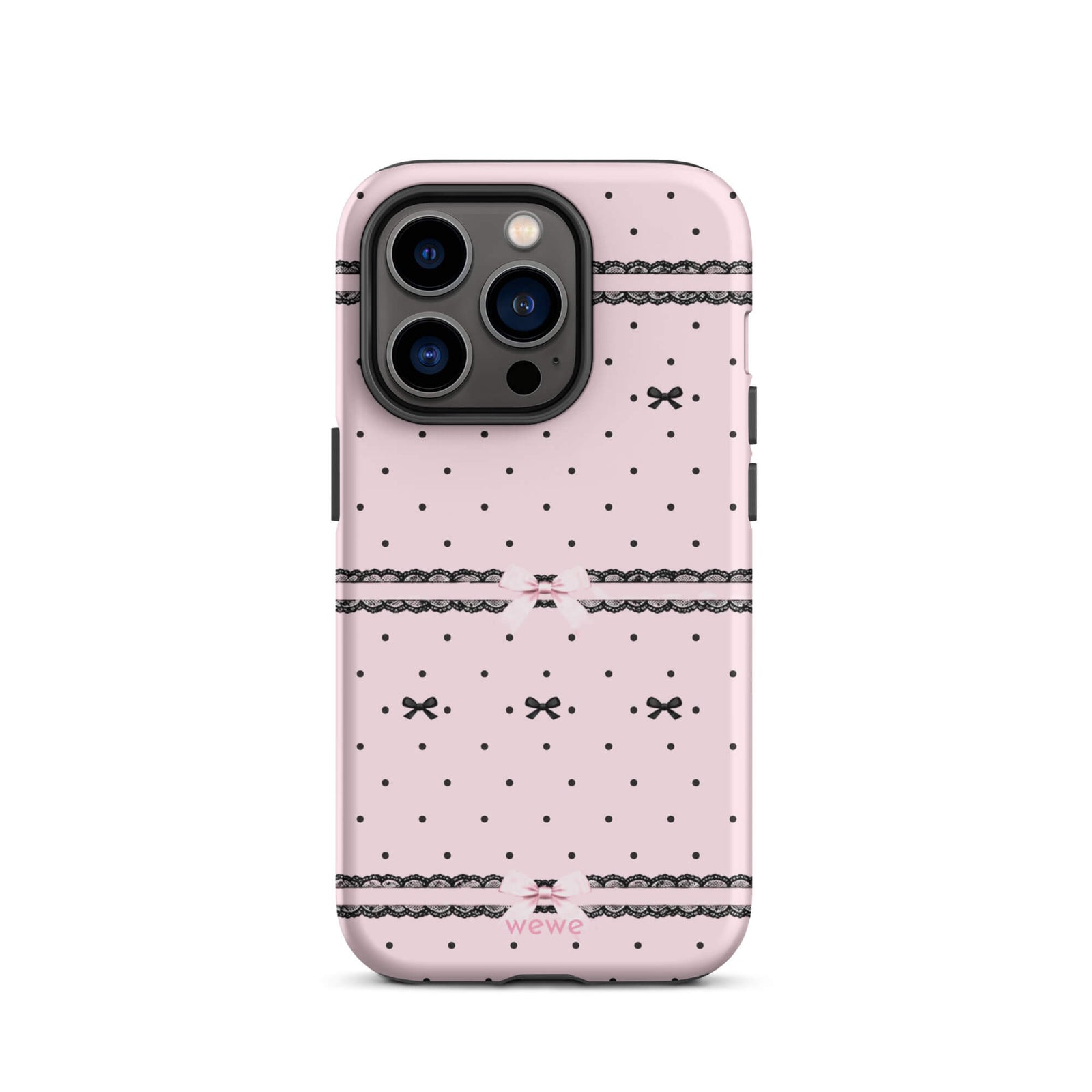 Pink Lace Bow Phone Case featuring black polka dots, scalloped lace bands and pale pink ribbon bows on a soft blush background