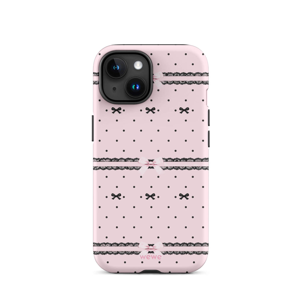 Pink Lace Bow Phone Case featuring black polka dots, scalloped lace bands and pale pink ribbon bows on a soft blush background