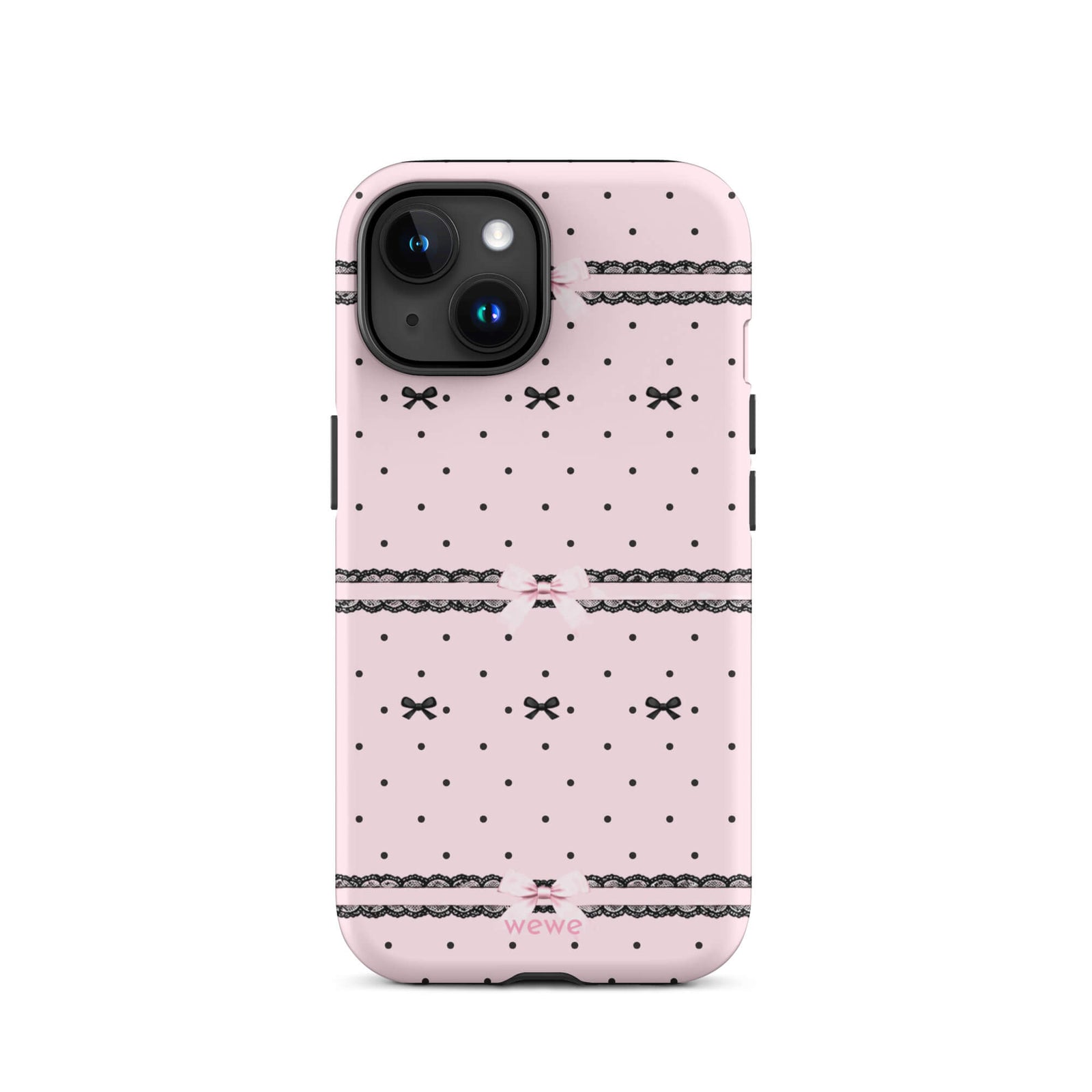 Pink Lace Bow Phone Case featuring black polka dots, scalloped lace bands and pale pink ribbon bows on a soft blush background