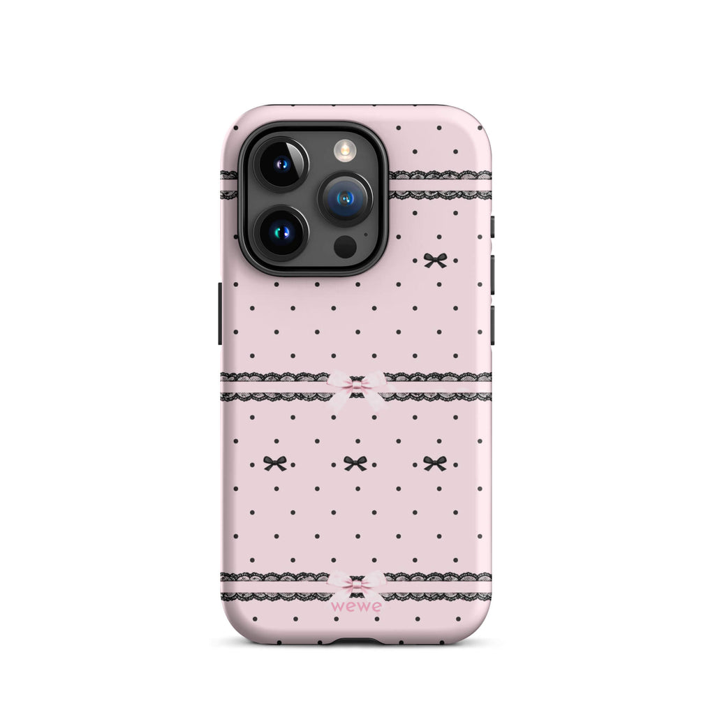 Pink Lace Bow Phone Case featuring black polka dots, scalloped lace bands and pale pink ribbon bows on a soft blush background