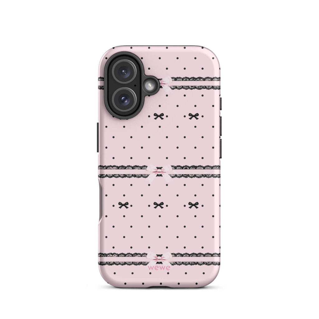 Pink Lace Bow Phone Case featuring black polka dots, scalloped lace bands and pale pink ribbon bows on a soft blush background