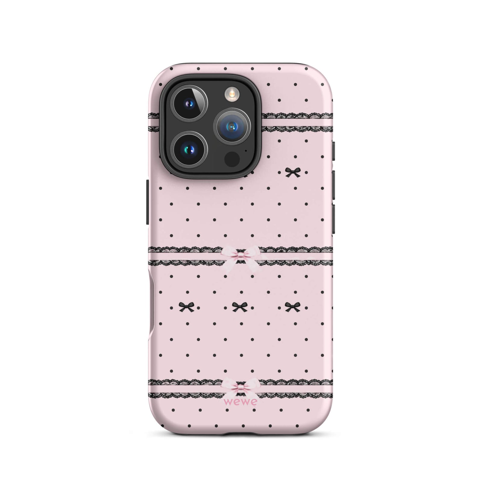 Pink Lace Bow Phone Case featuring black polka dots, scalloped lace bands and pale pink ribbon bows on a soft blush background