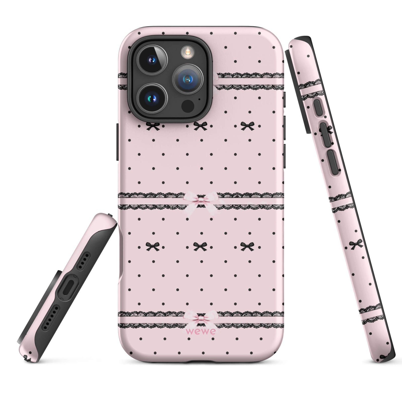 Pink Lace Bow Phone Case featuring black polka dots, scalloped lace bands and pale pink ribbon bows on a soft blush background
