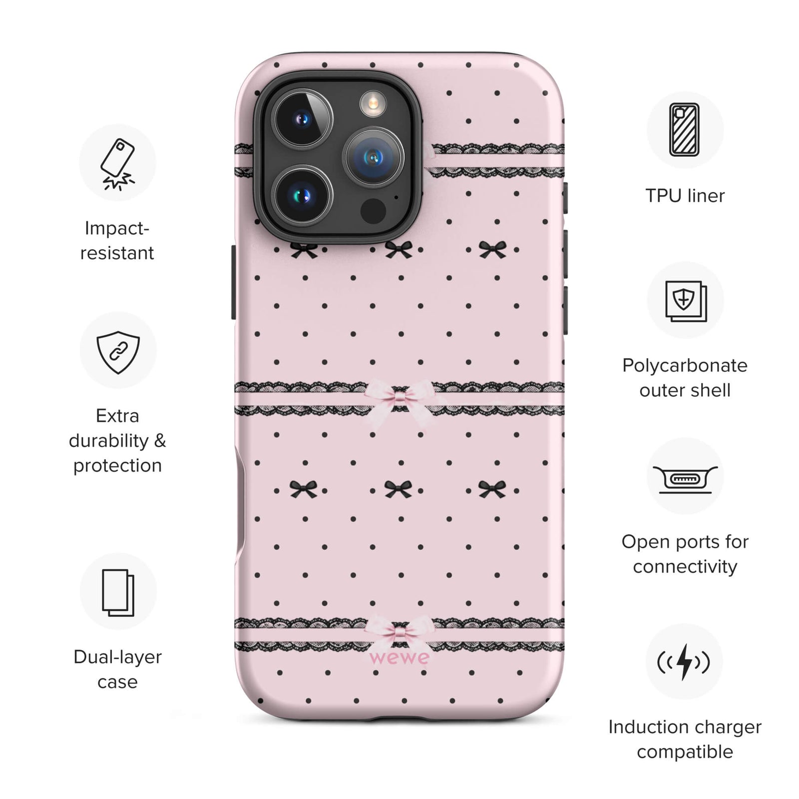 Pink Lace Bow Phone Case featuring black polka dots, scalloped lace bands and pale pink ribbon bows on a soft blush background