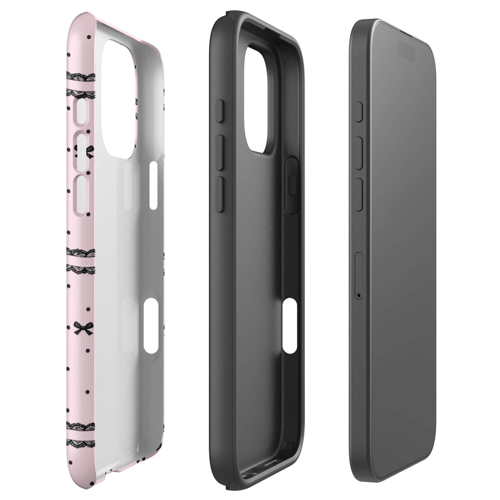 Pink Lace Bow Phone Case featuring black polka dots, scalloped lace bands and pale pink ribbon bows on a soft blush background
