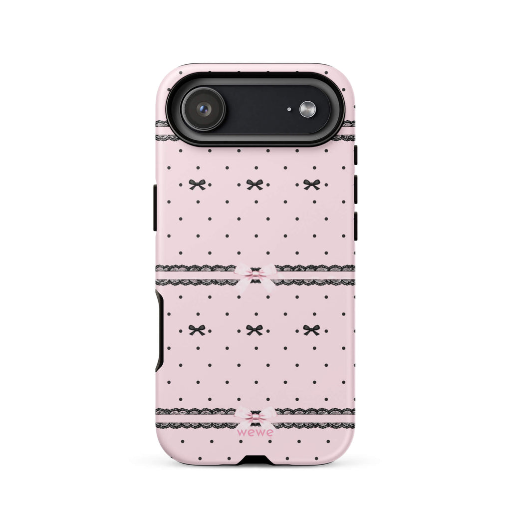 Pink Lace Bow Phone Case featuring black polka dots, scalloped lace bands and pale pink ribbon bows on a soft blush background