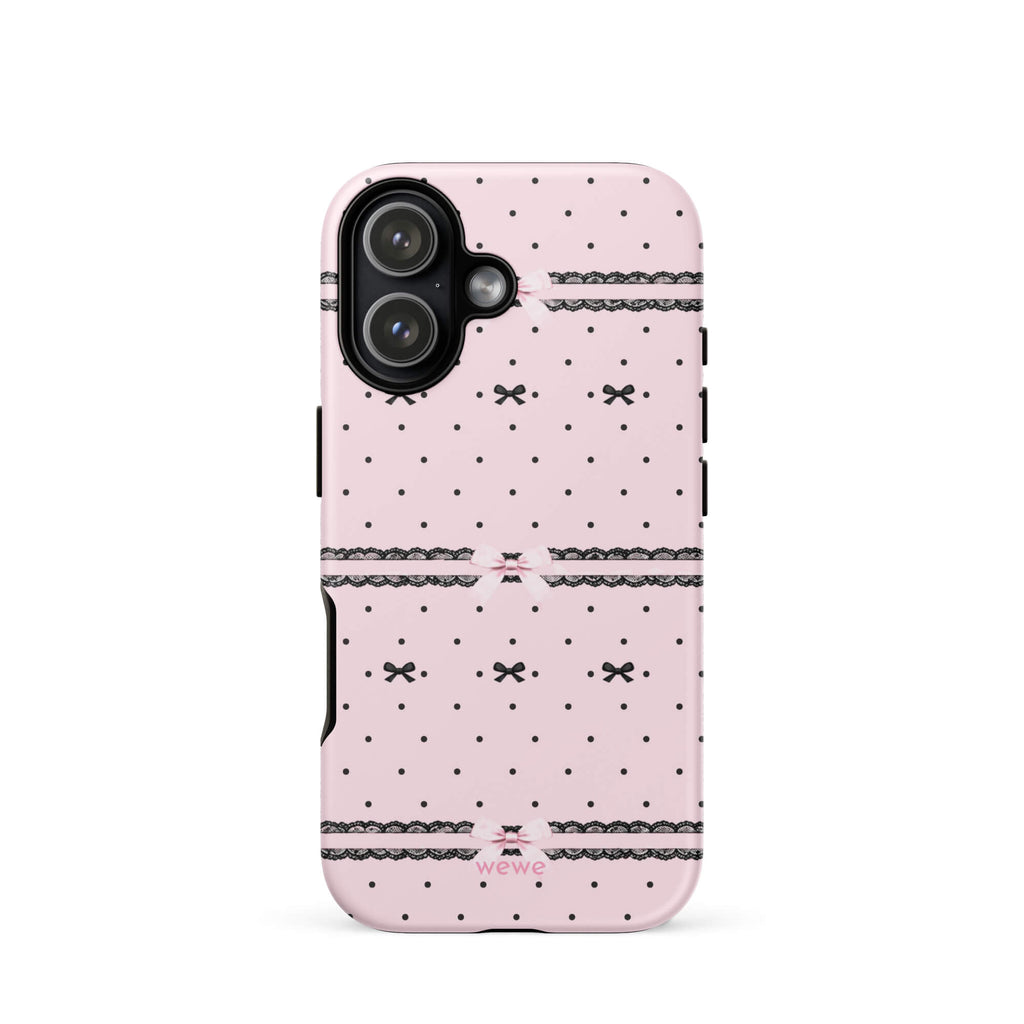 Pink Lace Bow Phone Case featuring black polka dots, scalloped lace bands and pale pink ribbon bows on a soft blush background