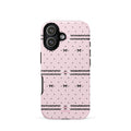 Pink Lace Bow Phone Case featuring black polka dots, scalloped lace bands and pale pink ribbon bows on a soft blush background
