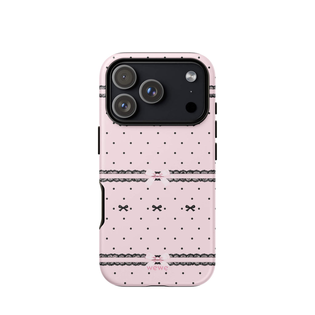 Pink Lace Bow Phone Case featuring black polka dots, scalloped lace bands and pale pink ribbon bows on a soft blush background