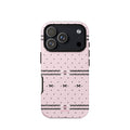 Pink Lace Bow Phone Case featuring black polka dots, scalloped lace bands and pale pink ribbon bows on a soft blush background