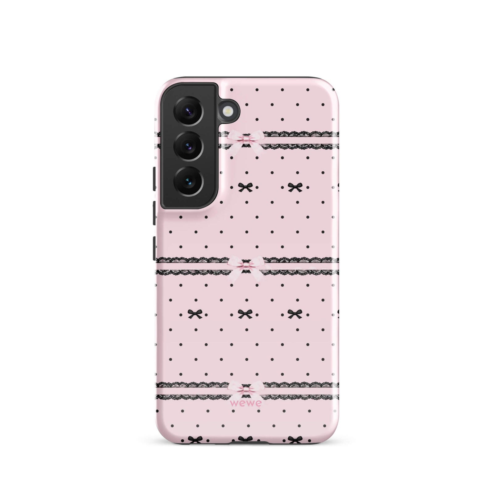 Pink Lace Bow Phone Case featuring black polka dots, scalloped lace bands and pale pink ribbon bows on a soft blush background