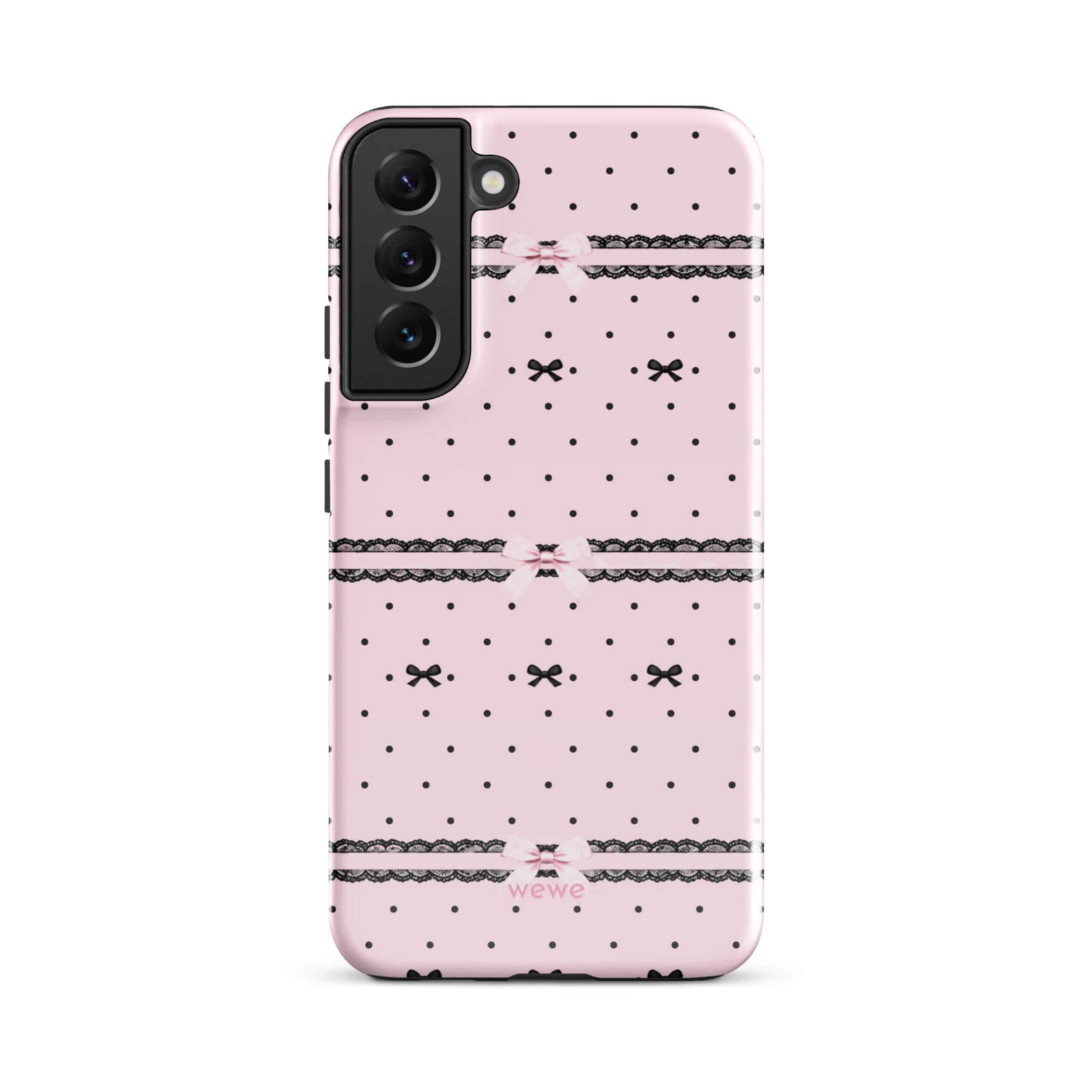 Pink Lace Bow Phone Case featuring black polka dots, scalloped lace bands and pale pink ribbon bows on a soft blush background
