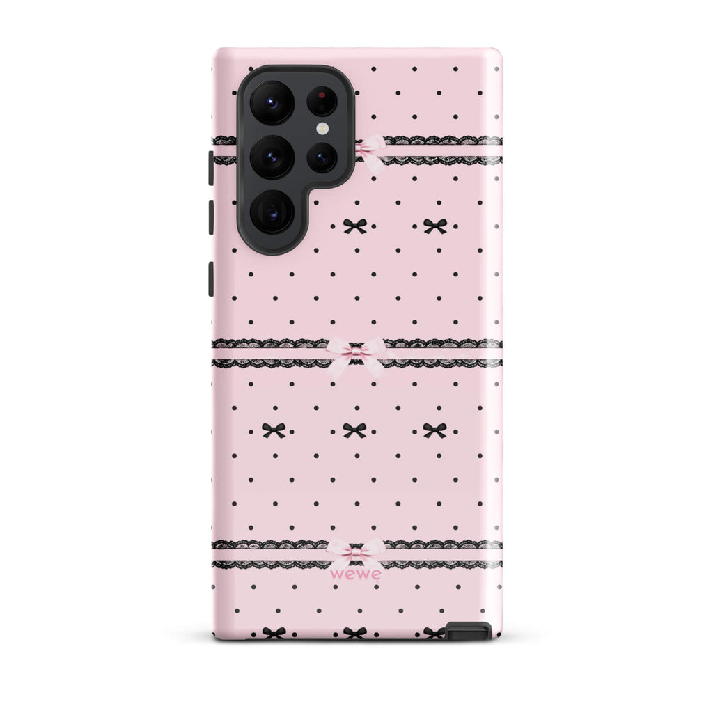 Pink Lace Bow Phone Case featuring black polka dots, scalloped lace bands and pale pink ribbon bows on a soft blush background