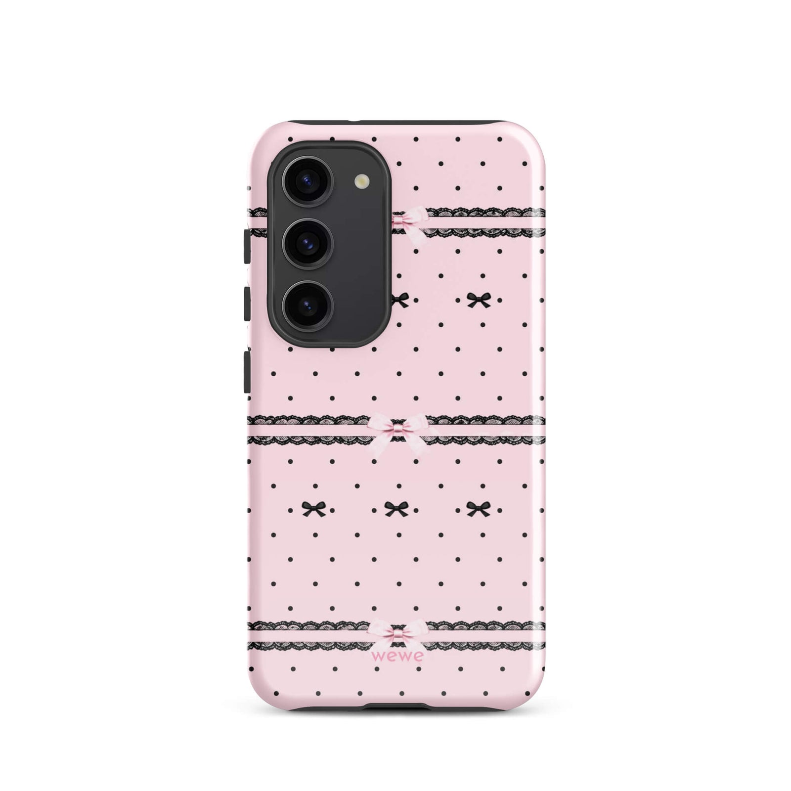 Pink Lace Bow Phone Case featuring black polka dots, scalloped lace bands and pale pink ribbon bows on a soft blush background