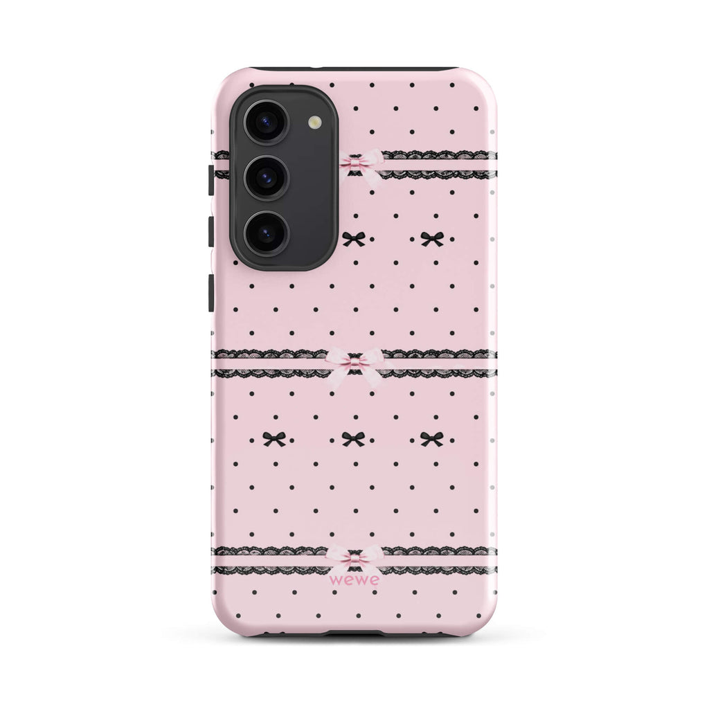 Pink Lace Bow Phone Case featuring black polka dots, scalloped lace bands and pale pink ribbon bows on a soft blush background