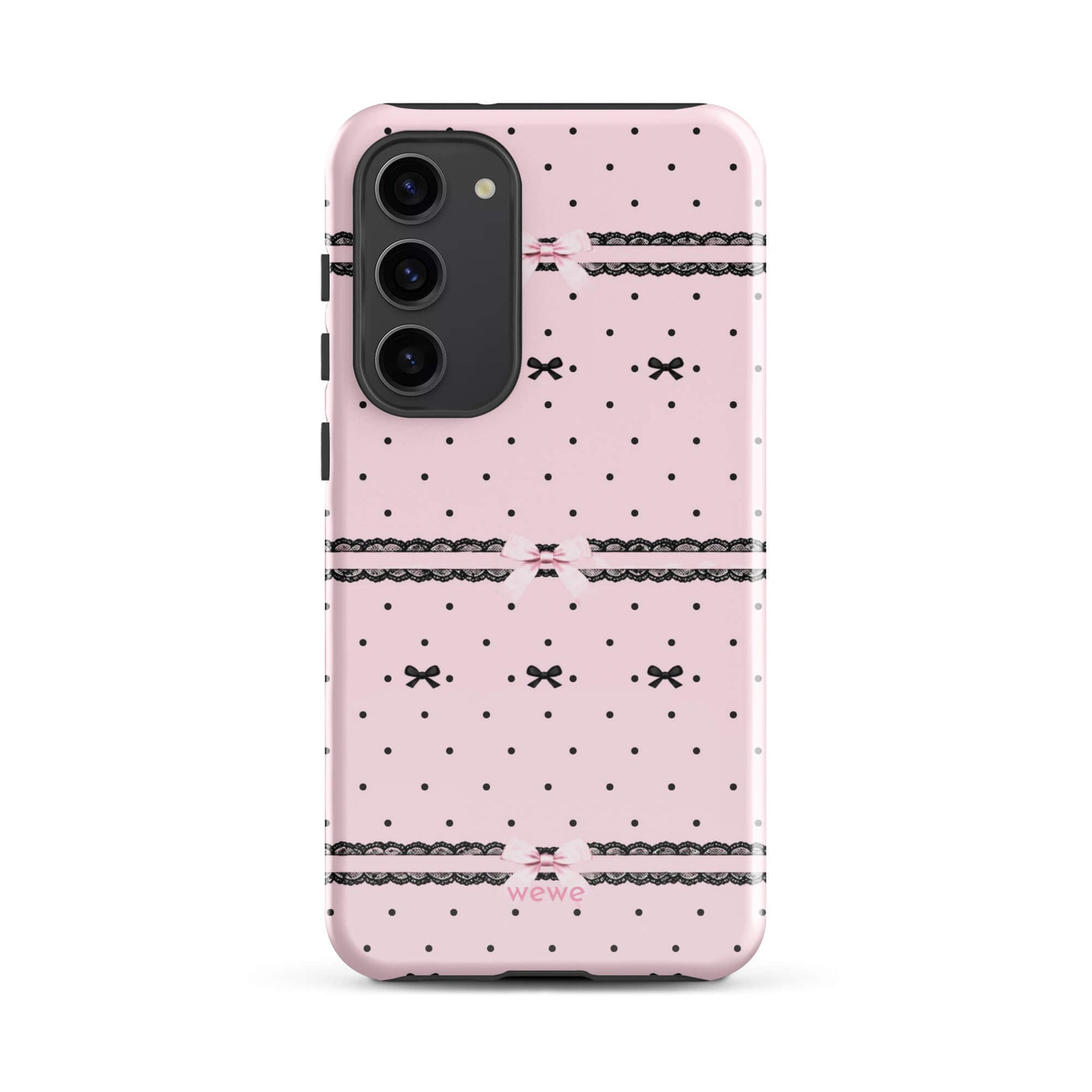 Pink Lace Bow Phone Case featuring black polka dots, scalloped lace bands and pale pink ribbon bows on a soft blush background