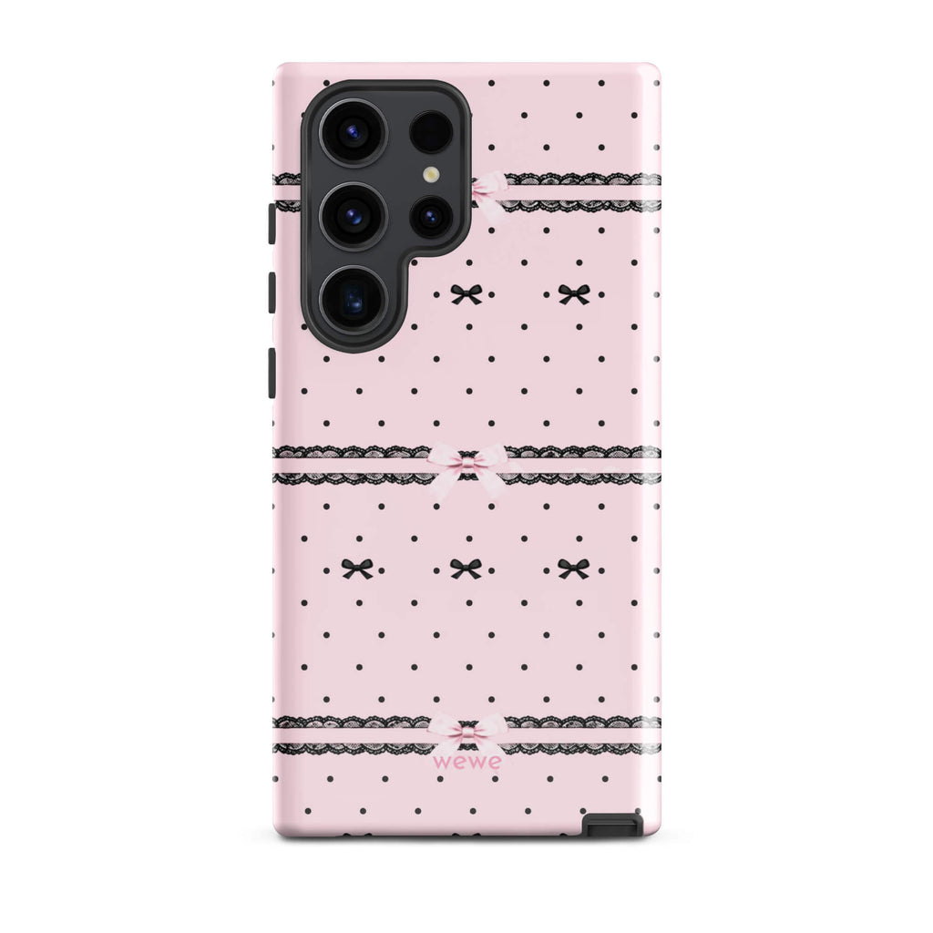 Pink Lace Bow Phone Case featuring black polka dots, scalloped lace bands and pale pink ribbon bows on a soft blush background