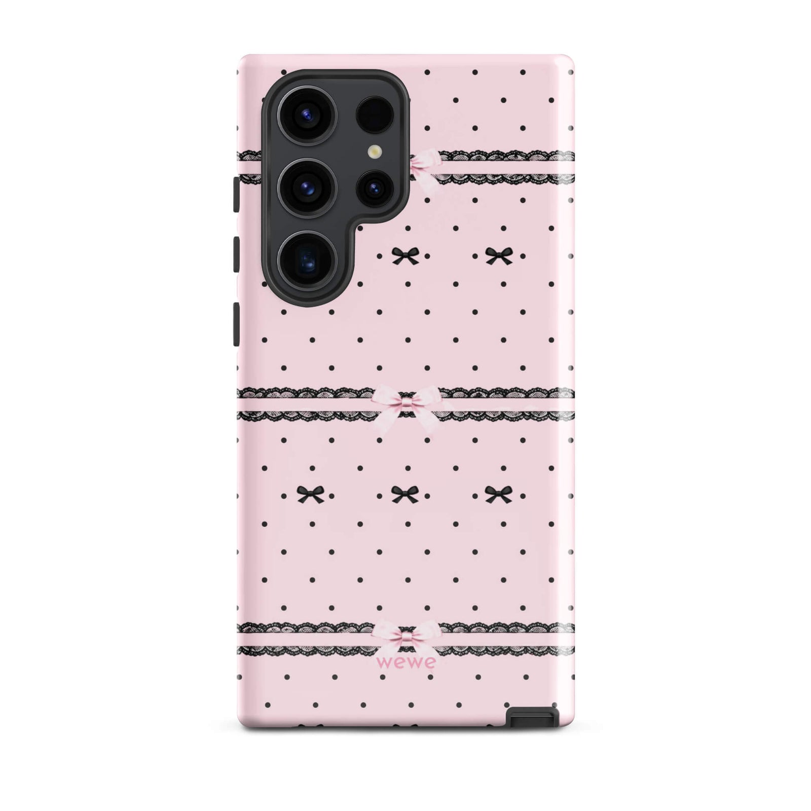 Pink Lace Bow Phone Case featuring black polka dots, scalloped lace bands and pale pink ribbon bows on a soft blush background