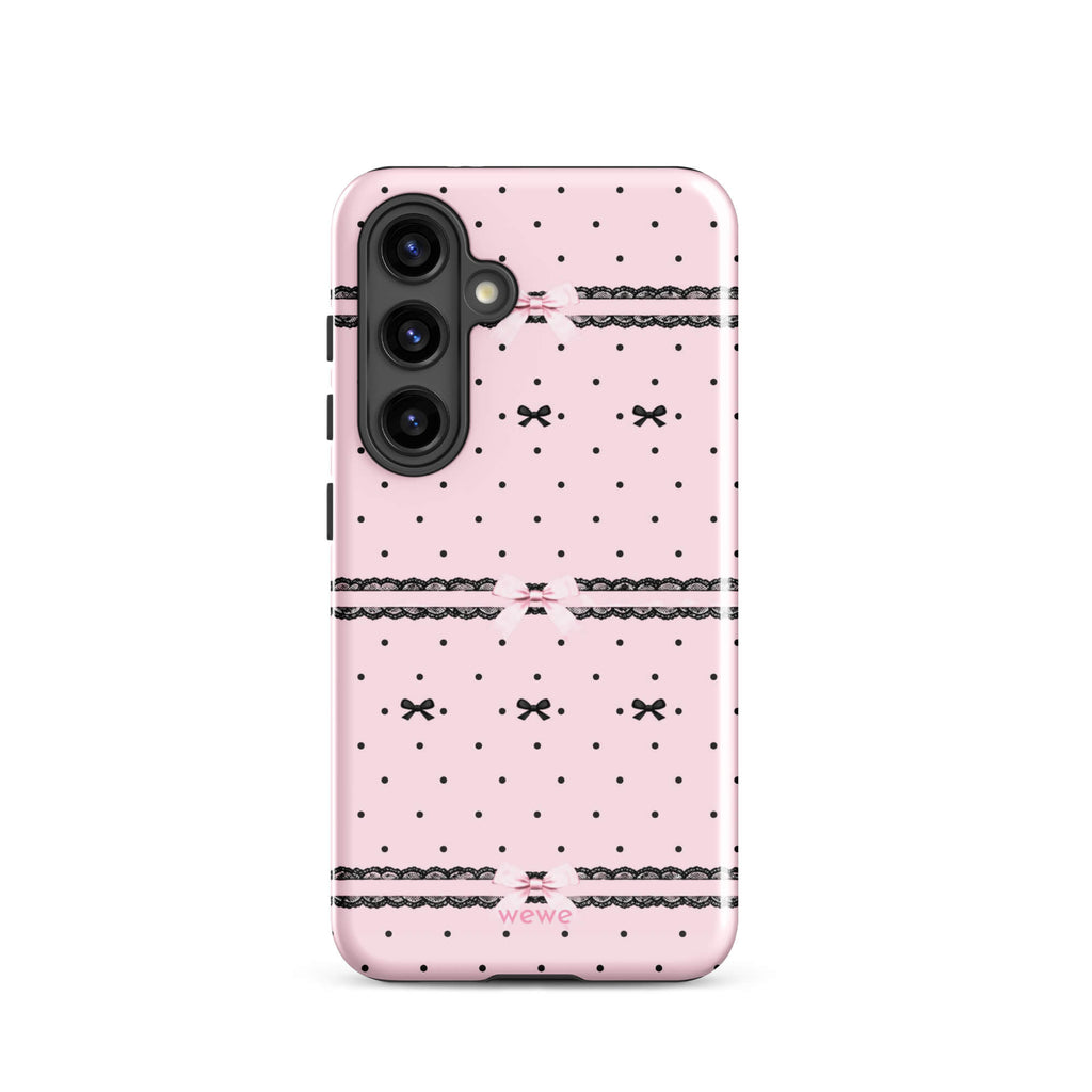 Pink Lace Bow Phone Case featuring black polka dots, scalloped lace bands and pale pink ribbon bows on a soft blush background