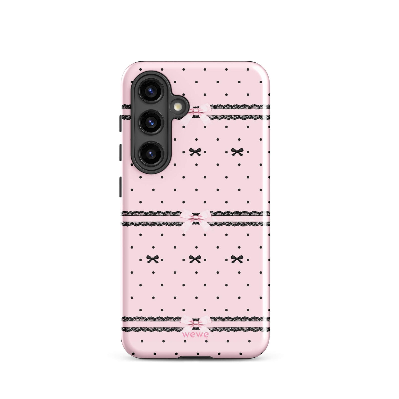 Pink Lace Bow Phone Case featuring black polka dots, scalloped lace bands and pale pink ribbon bows on a soft blush background