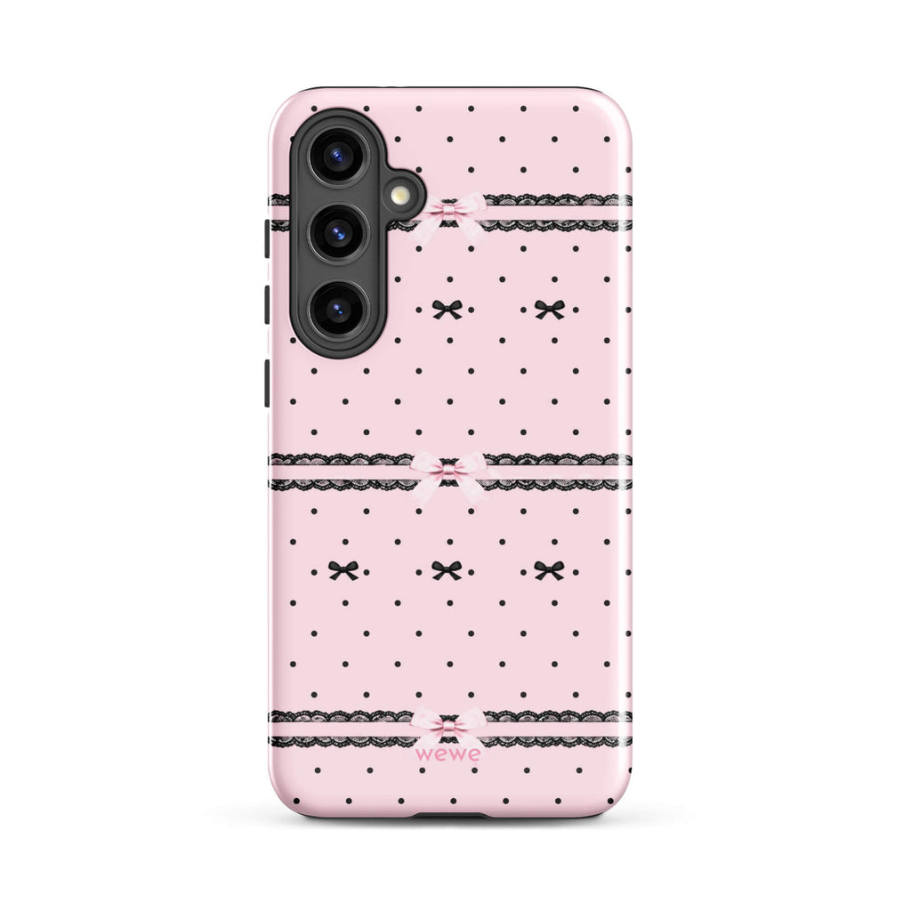 Pink Lace Bow Phone Case featuring black polka dots, scalloped lace bands and pale pink ribbon bows on a soft blush background