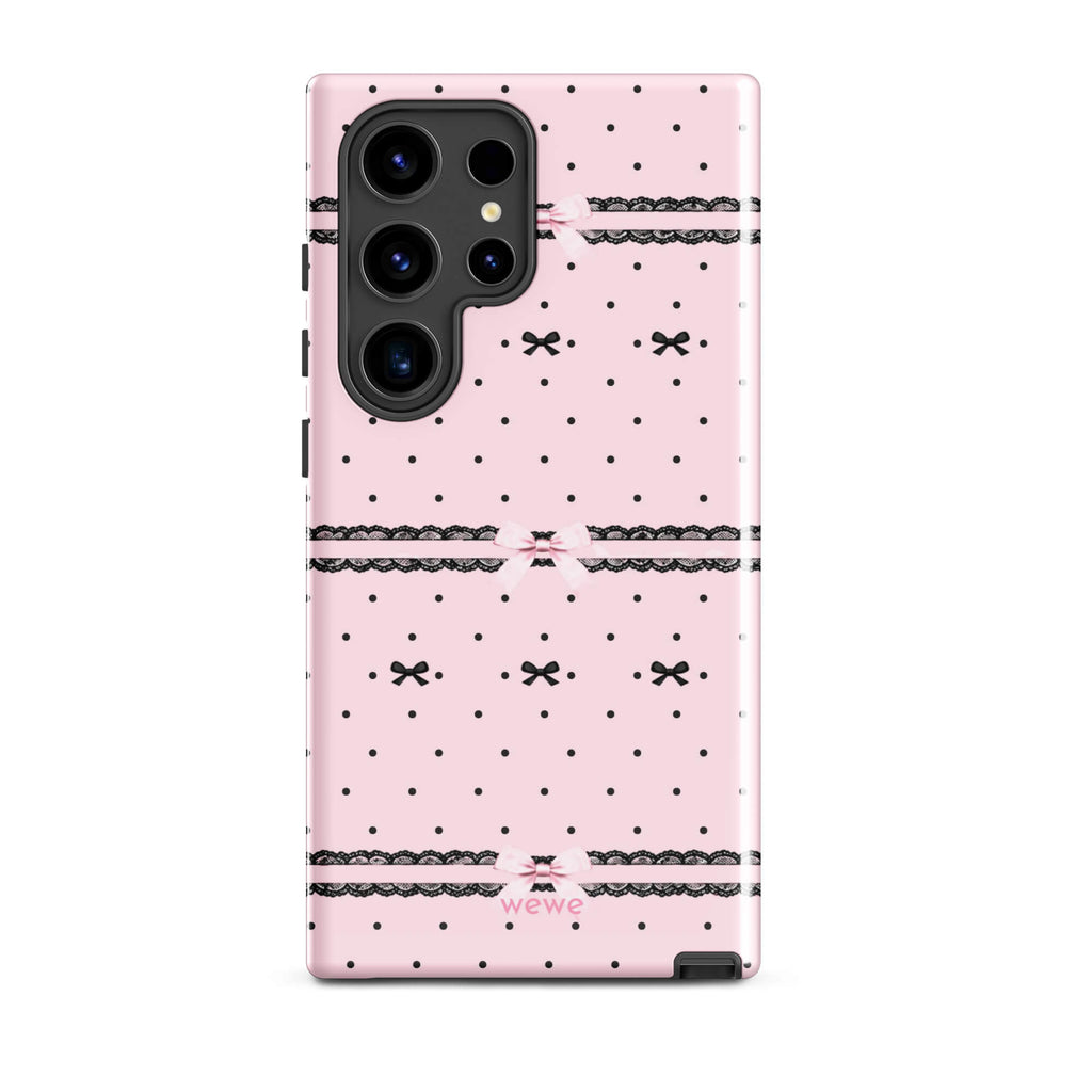 Pink Lace Bow Phone Case featuring black polka dots, scalloped lace bands and pale pink ribbon bows on a soft blush background