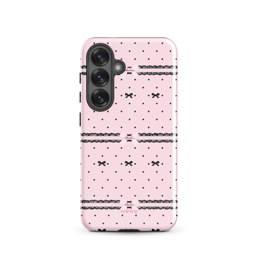 Pink Lace Bow Phone Case featuring black polka dots, scalloped lace bands and pale pink ribbon bows on a soft blush background